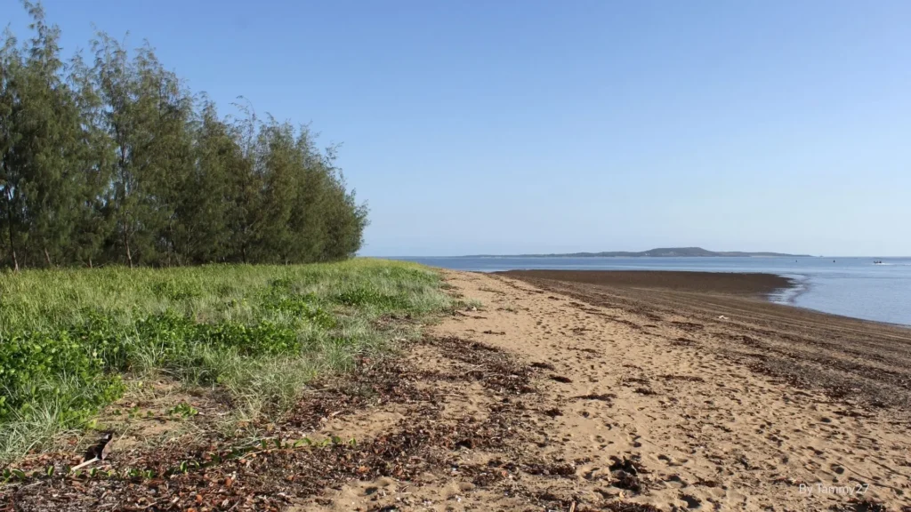 Boyne Island Beach near Tannum Sands, Queensland, with sandy foreshore, calm river waters, and green parkland backdrop