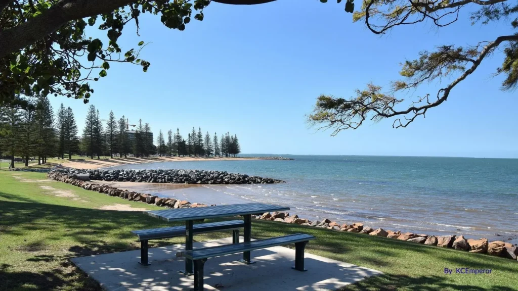 Scarborough Beach, Moreton Bay QLD – foreshore park with picnic areas, calm bay waters, and family-friendly shoreline