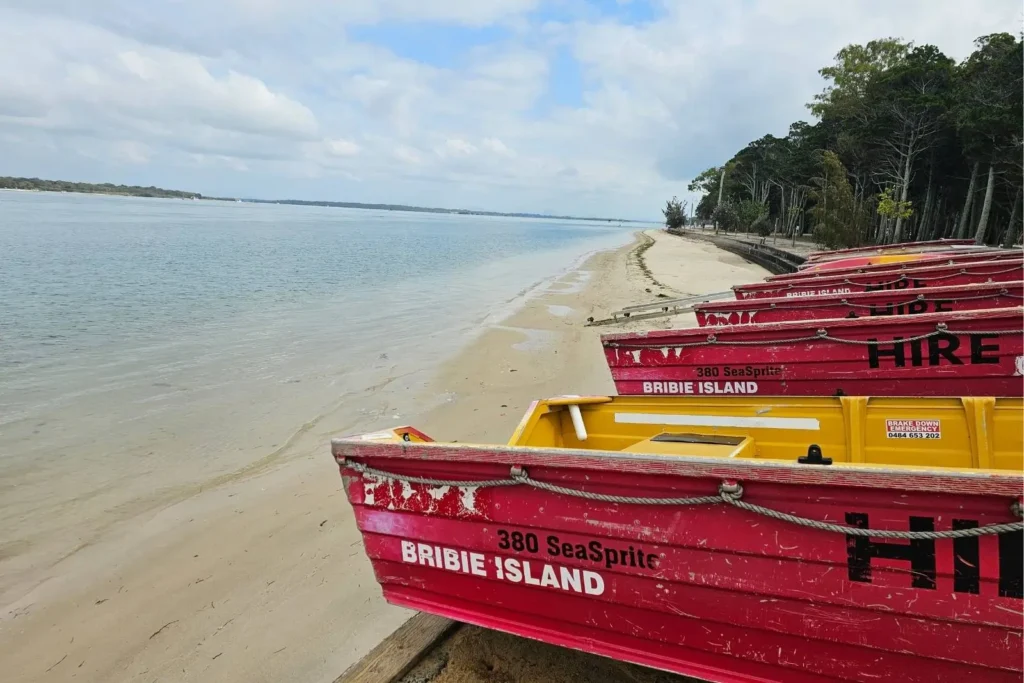 Sylvan Beach, Bribie Island QLD — calm Pumicestone Passage with sandy shoreline, she-oak trees and red “Bribie Island” hire boats lined up.