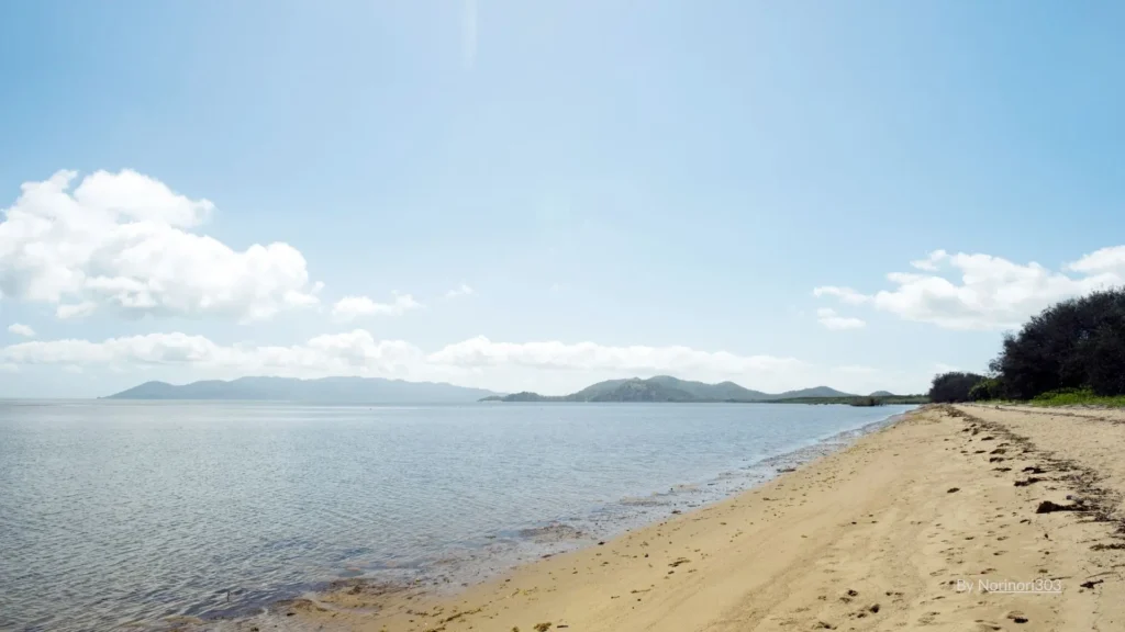 Golden sandy shoreline of Bushland Beach with calm blue waters and distant mountains under a clear sky, Townsville, Queensland.
