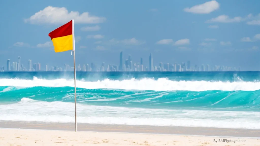 Surf lifesaving flag on Coolangatta Beach with turquoise waves and Surfers Paradise skyline in the distance, Gold Coast, Queensland