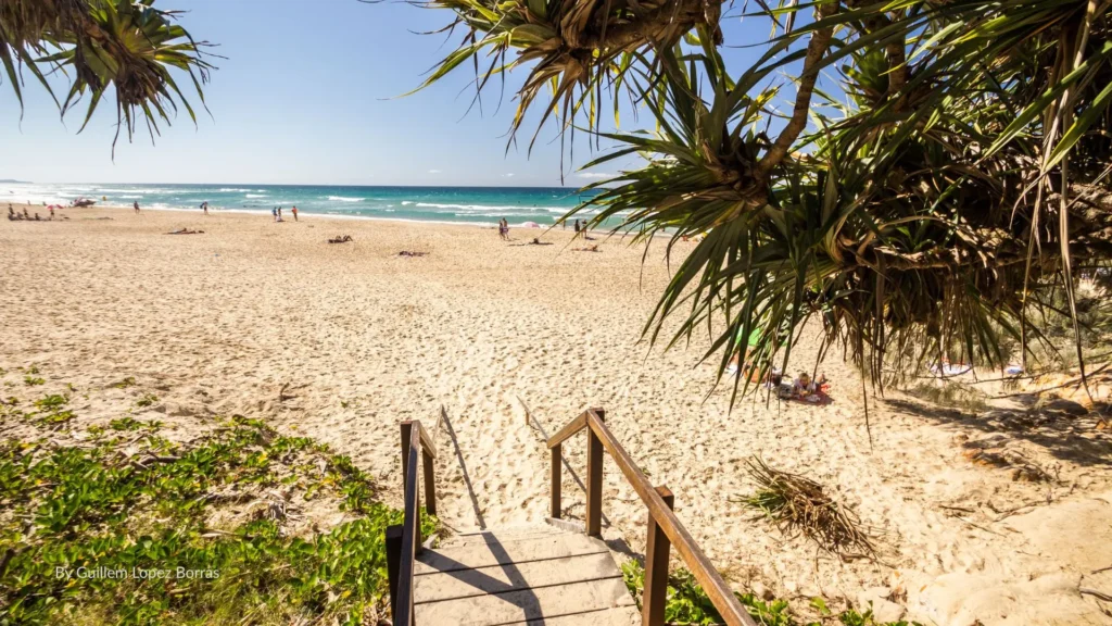 Wooden stairway leading onto golden sands at Coolum Beach with pandanus trees framing the view and turquoise surf in the distance, Sunshine Coast, Queensland.
