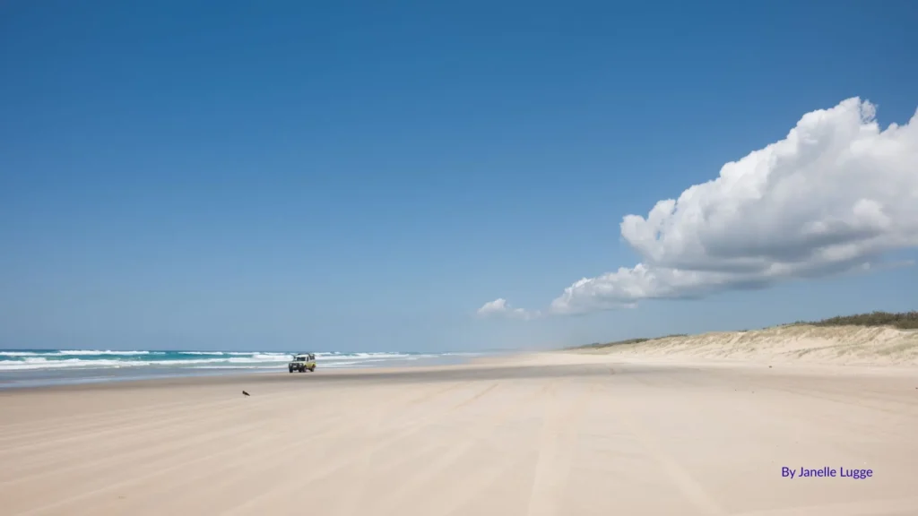 4WD vehicle driving along the wide sandy stretch of Eastern Surfside Beach with rolling surf and blue skies, Moreton Island, Queensland.