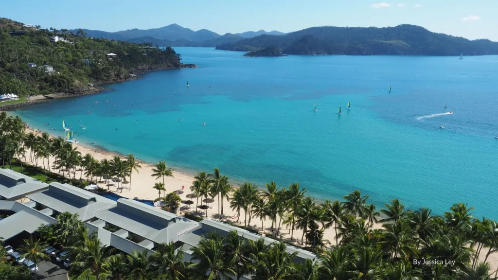 Hamilton Island’s Catseye Beach with palm-lined foreshore, turquoise Coral Sea waters, and resort accommodation overlooking the Whitsundays.