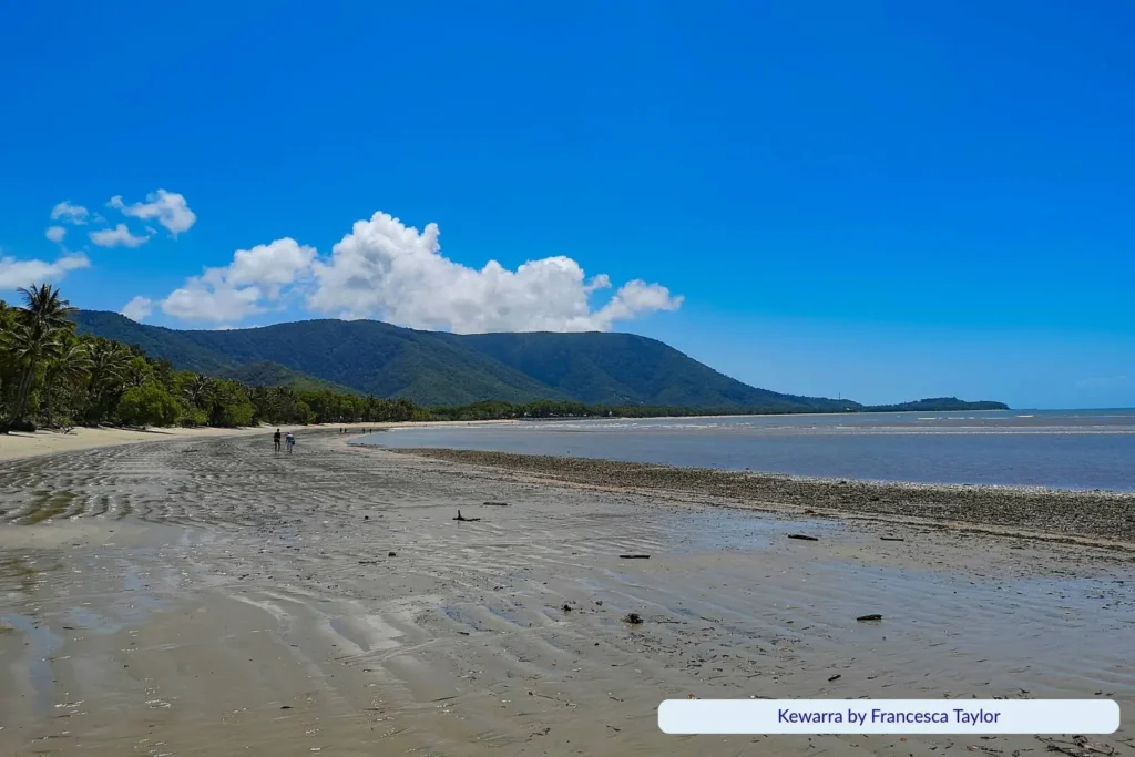 Wide sandy shoreline of Kewarra Beach in Cairns, Queensland, with palm trees along the edge, mountains in the distance, and calm waters under a bright blue sky with clouds.