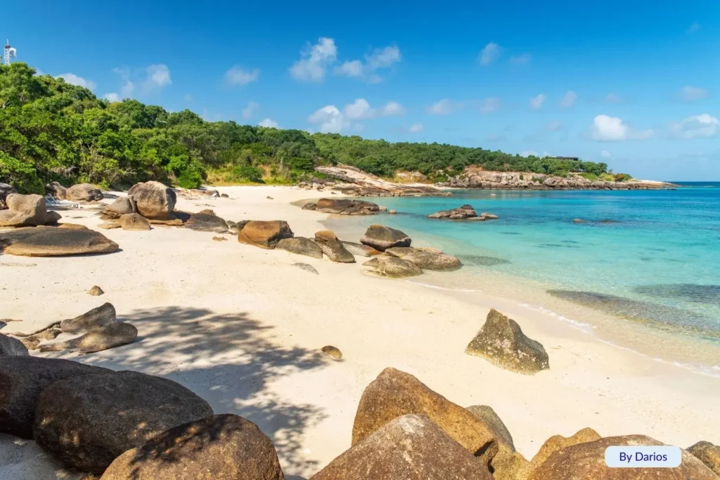Lizard Island, Queensland – white sandy beach with granite boulders, turquoise Coral Sea waters, and lush green rainforest in the Cairns region.