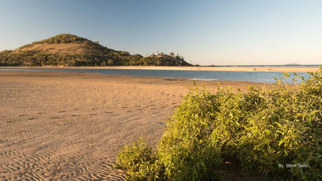 Sandy shoreline of Mulambin Beach with calm waters, low green headland, and coastal vegetation under soft afternoon light, Capricorn Coast, Queensland.
