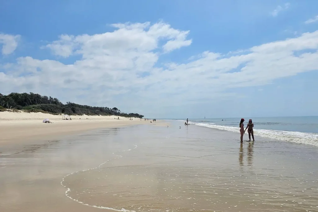 People walking along the wide sandy shoreline of Ocean Beach on Bribie Island, Queensland, with gentle waves and clear blue sky in the background.