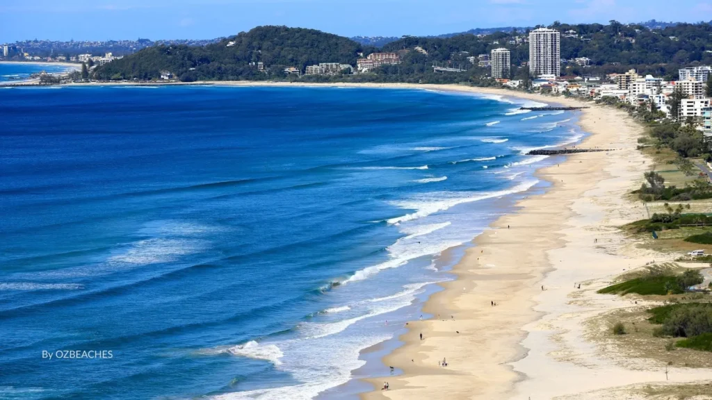 Aerial view of Palm Beach with golden sand, rolling surf, and a backdrop of coastal headlands and high-rise apartments, Gold Coast, Queensland, Australia.