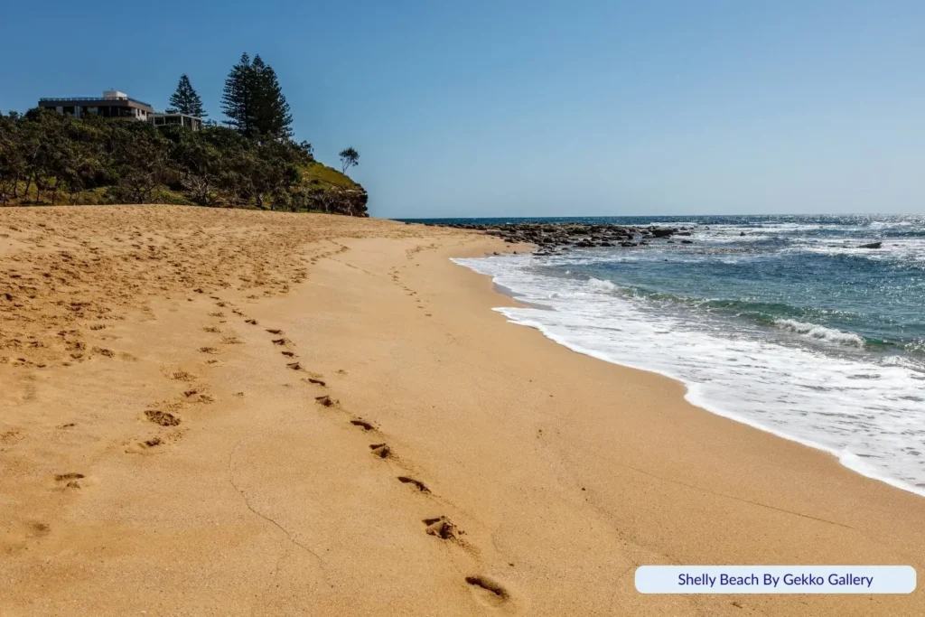 Footprints along the golden sand at Shelly Beach, Sunshine Coast, Queensland with rocky headland and ocean waves in view.