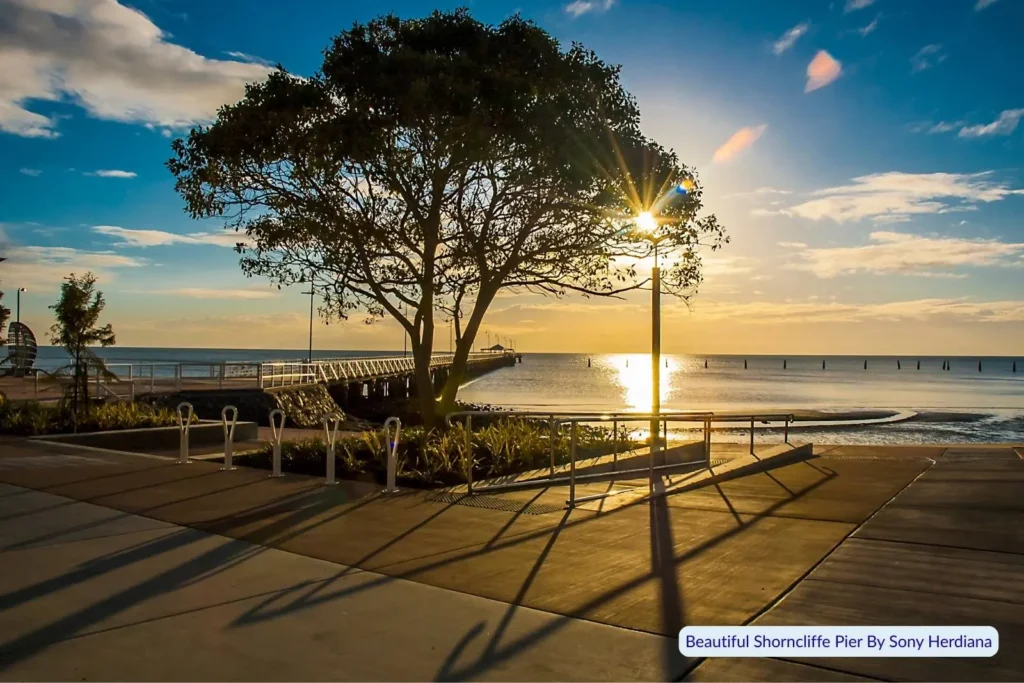 Sunrise over Shorncliffe Pier in Brisbane, Queensland, with golden light reflecting on the water, a tree casting shadows on the foreshore path, and calm morning skies.