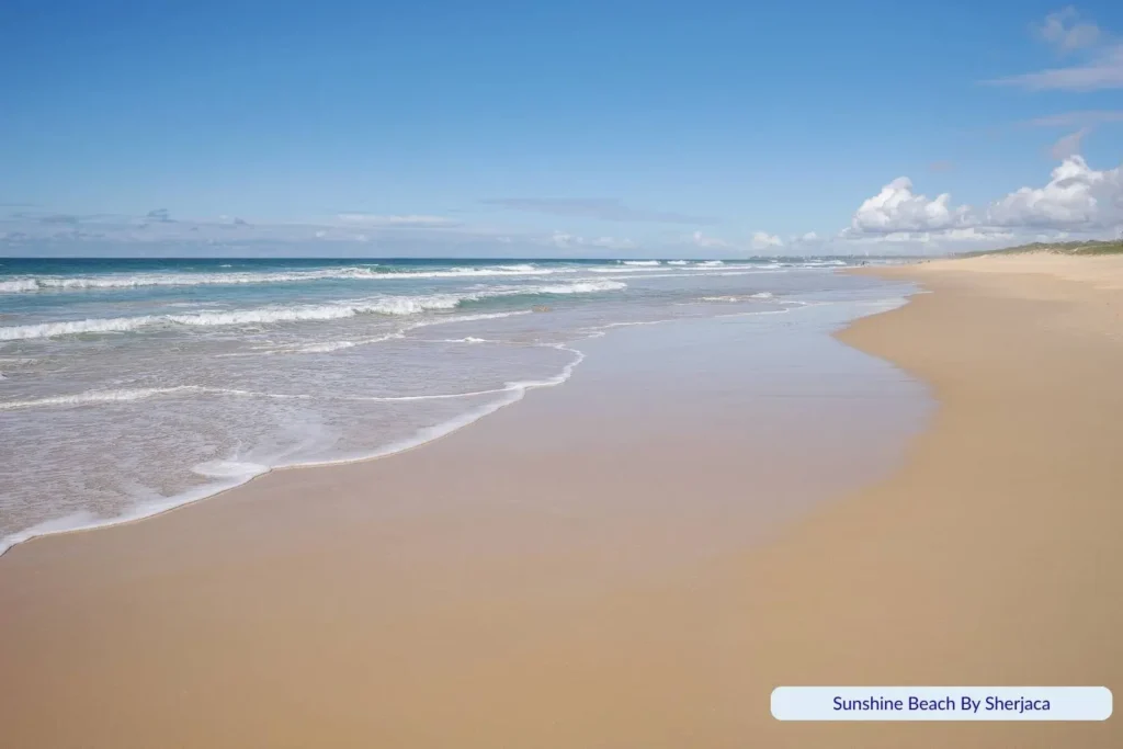 Wide sandy shoreline at Sunshine Beach, Sunshine Coast QLD, with gentle ocean waves and clear blue skies.