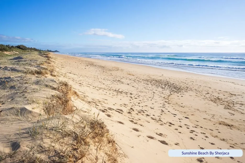 Golden sandy shoreline at Sunshine Beach, Sunshine Coast Queensland, with ocean waves and sand dunes under a clear blue sky.