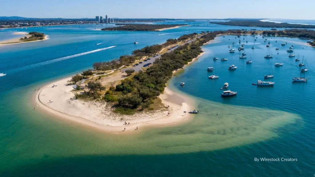 Aerial view of The Spit Gold Coast showing sandy peninsula, turquoise waters, anchored boats, and city skyline in the distance, Queensland, Australia.