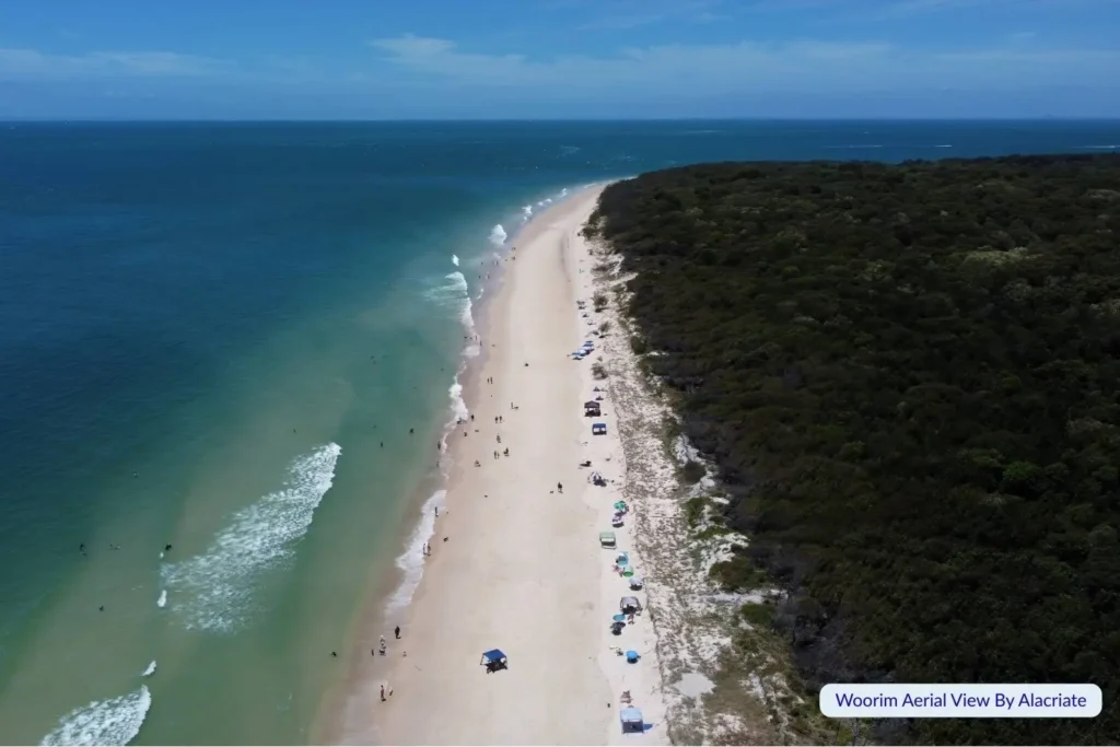 Aerial view of Woorim Beach on Bribie Island, Queensland, showing long white sand shoreline beside dense green forest, with beachgoers and umbrellas along the surf.