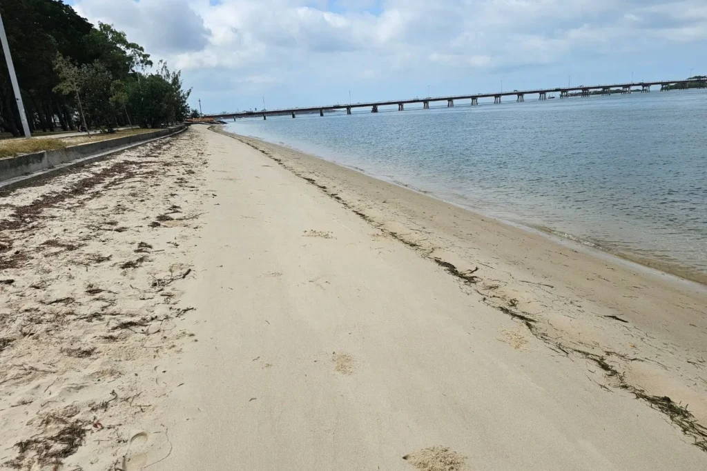 Sandy foreshore at Sylvan Beach on Bribie Island, Queensland, with calm Pumicestone Passage waters and Bribie Island Bridge in the background