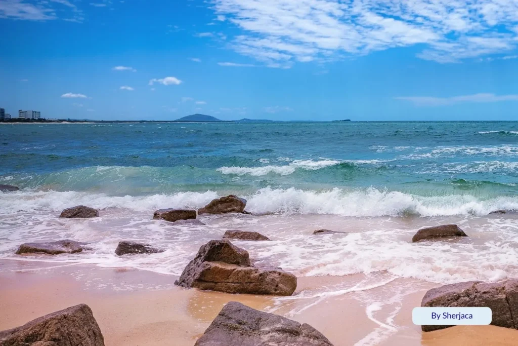 Gentle surf breaking over rocky shoreline at Alexandra Headland, Queensland, with clear blue sky and views toward Mooloolaba and Mount Coolum.