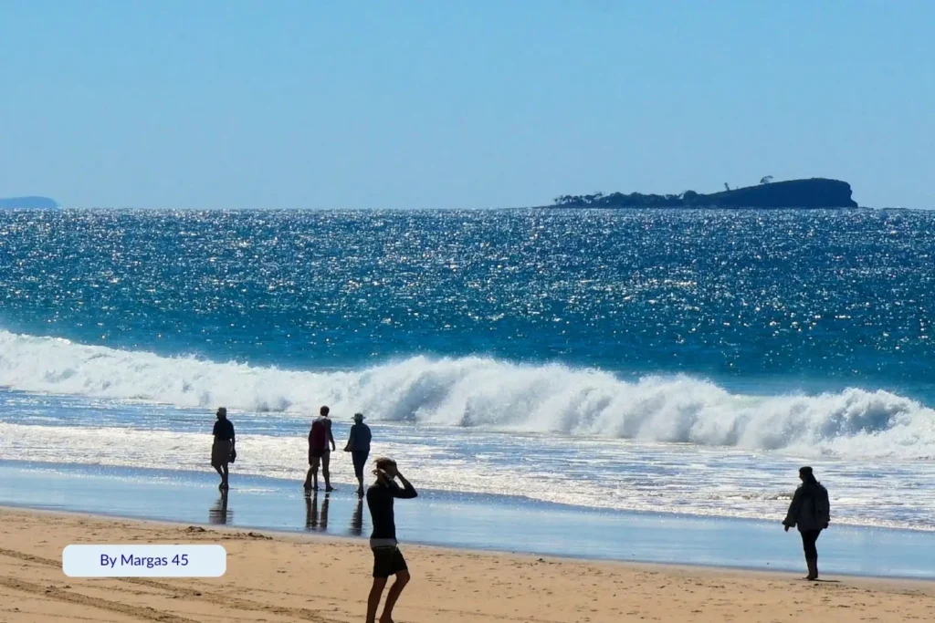 People walking along Alexandra Headland Beach, Sunshine Coast, with waves rolling in and Old Woman Island visible offshore in the distance.