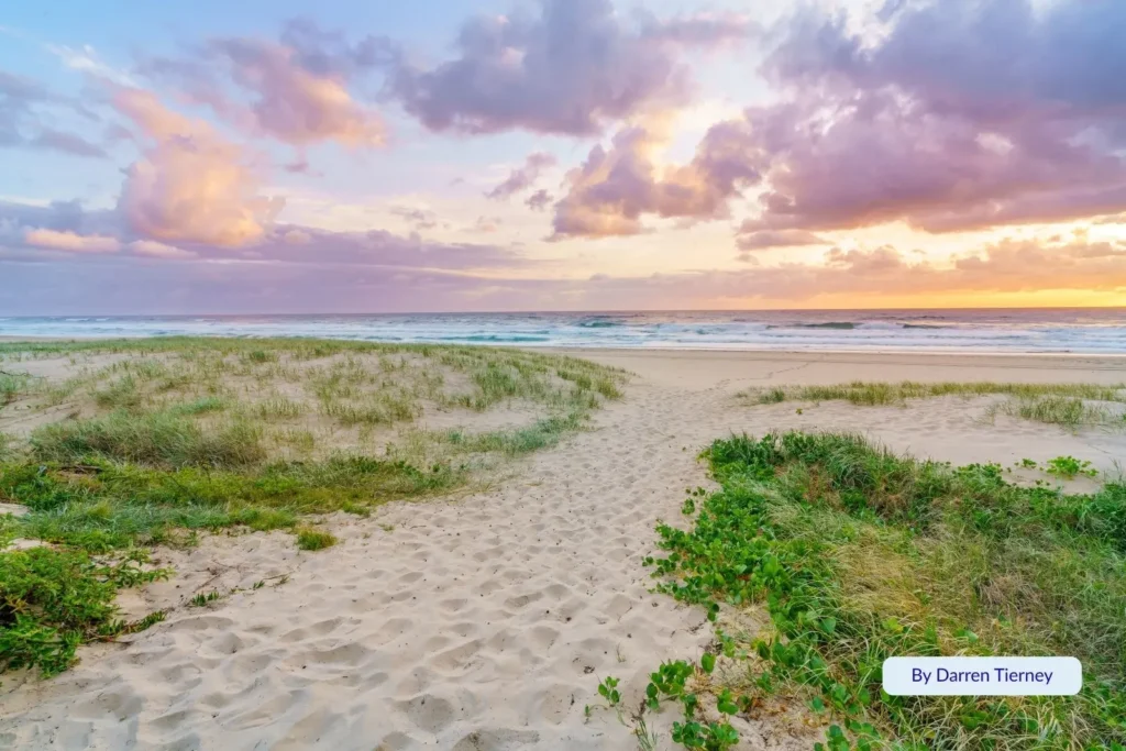 Sandy path through coastal dunes leading to Broadbeach at sunrise with soft clouds and pastel reflections over the Pacific Ocean, Gold Coast, Queensland.
