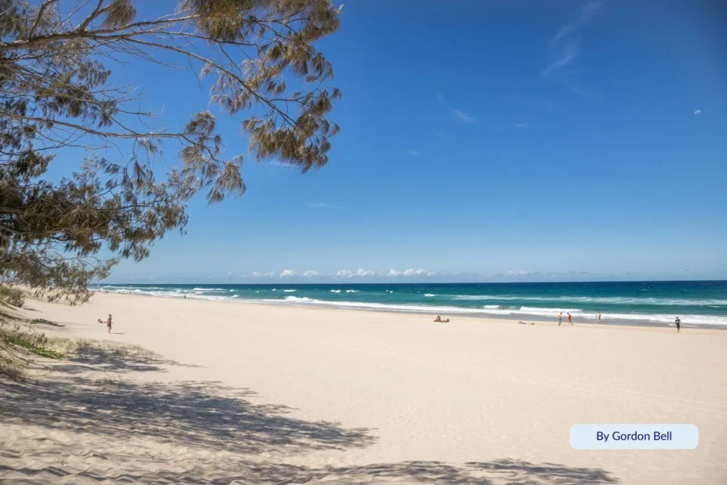 Sunny day at Broadbeach with white sand, turquoise waves, and shaded trees along the foreshore, Gold Coast, Queensland.