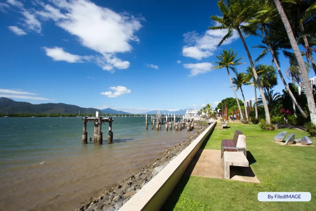 Scenic view of Cairns Esplanade with palm trees, waterfront benches, landscaped lawns, and mountain ranges across the inlet under a bright tropical sky.