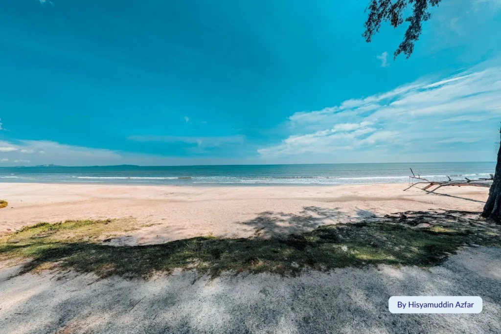 Sunny day at Dundowran Beach, Fraser Coast, showing golden sand, gentle waves, and clear blue skies with trees providing shade on the foreshore.
