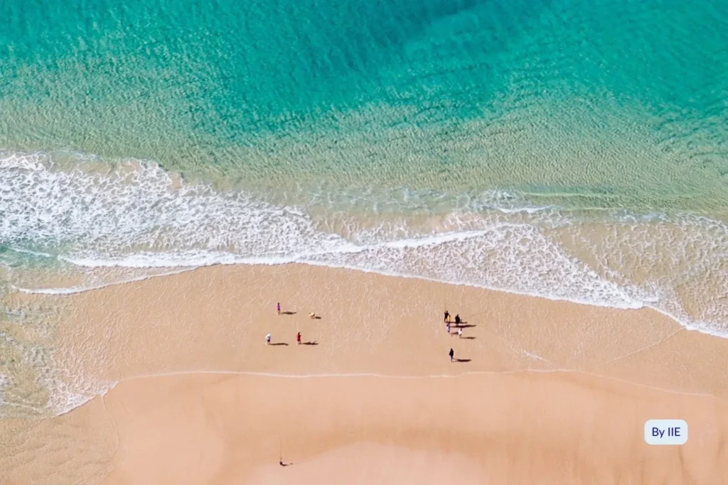 Aerial view of Moreton Island’s Eastern Surfside showing turquoise ocean waves washing over golden sand, with beachgoers relaxing under clear blue skies.