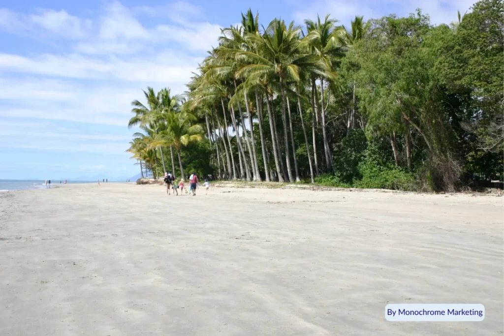 Tall coconut palms and rainforest backdrop along the wide sandy shoreline of Four Mile Beach, Port Douglas, Queensland, Australia