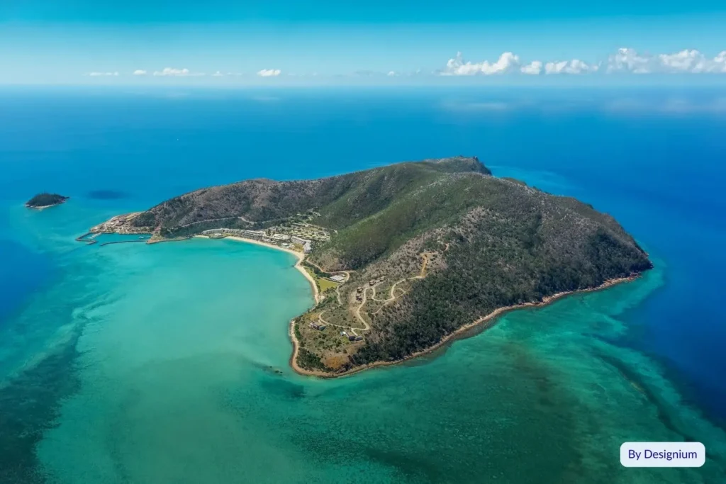 Aerial view of Hayman Island surrounded by clear blue Coral Sea waters and fringing reef in the Whitsundays, Great Barrier Reef, Queensland.