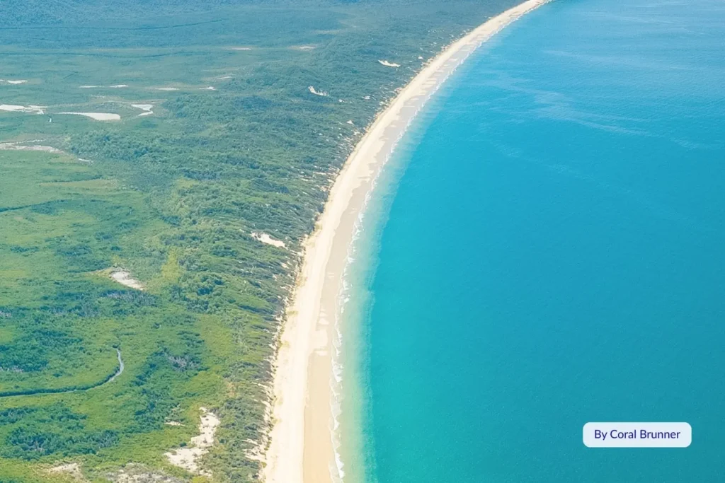 Aerial view of long sandy shoreline and turquoise waters along the eastern coast of Hinchinbrook Island, Queensland, Australia.