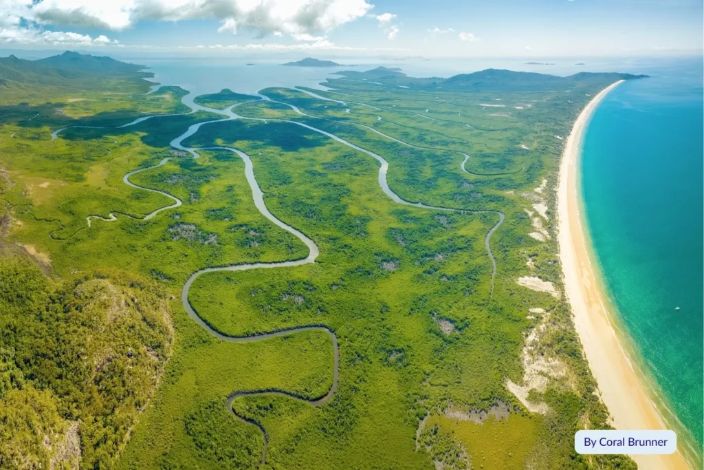Aerial view of winding mangrove waterways and long sandy coastline of Hinchinbrook Island, Queensland, Australia