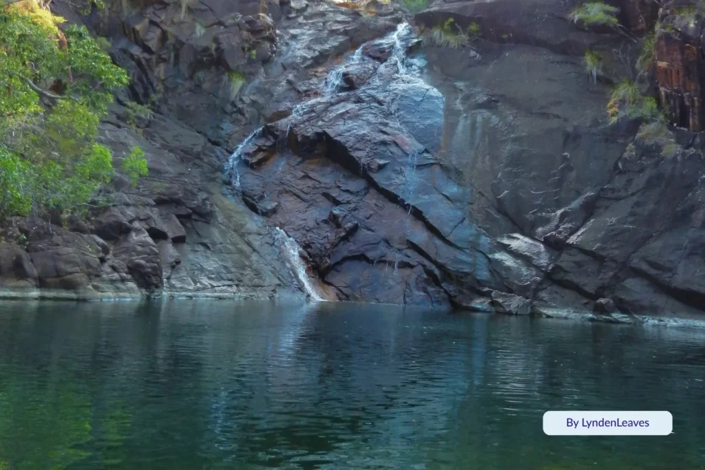 Zoe Falls cascading down dark rocky cliffs into a tranquil natural swimming pool surrounded by rainforest on Hinchinbrook Island, Queensland