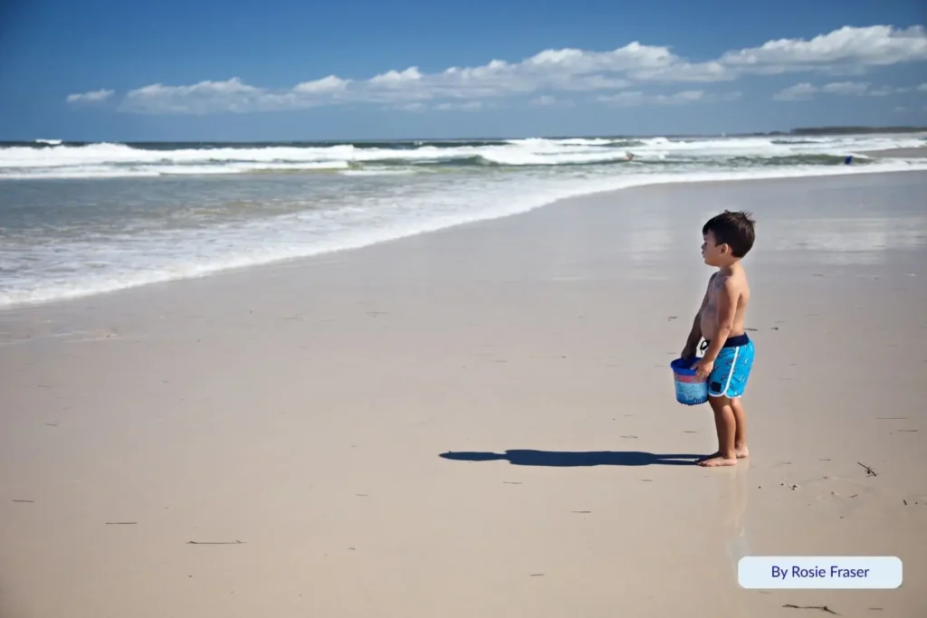 Child playing with bucket on Kings Beach, Sunshine Coast, Queensland — young boy standing near the shoreline with reflections on wet sand and blue sky above.