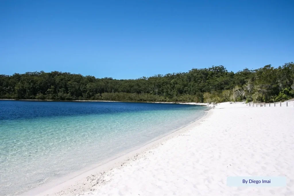 Shallow crystal-clear edge of Lake McKenzie with bright white sand and calm turquoise water on Fraser Island (K’gari), Queensland.