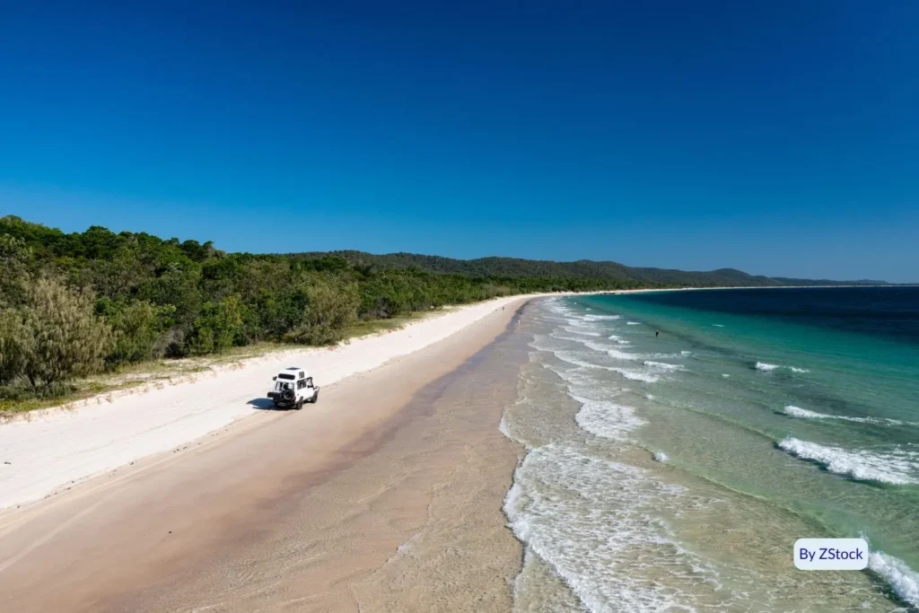 Four-wheel drive vehicle travelling along the wide sandy shoreline of Eastern Surfside, Moreton Island, with rolling surf and forested dunes in the background.