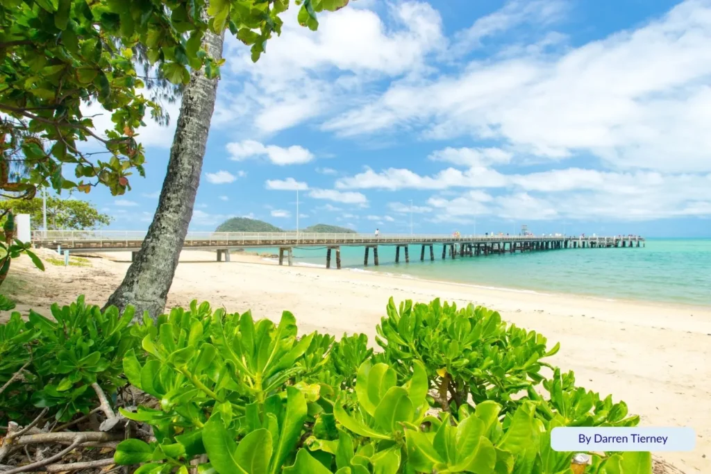 Palm Cove Jetty extending over turquoise waters, framed by tropical greenery and sandy beach under bright blue skies in Cairns, Queensland