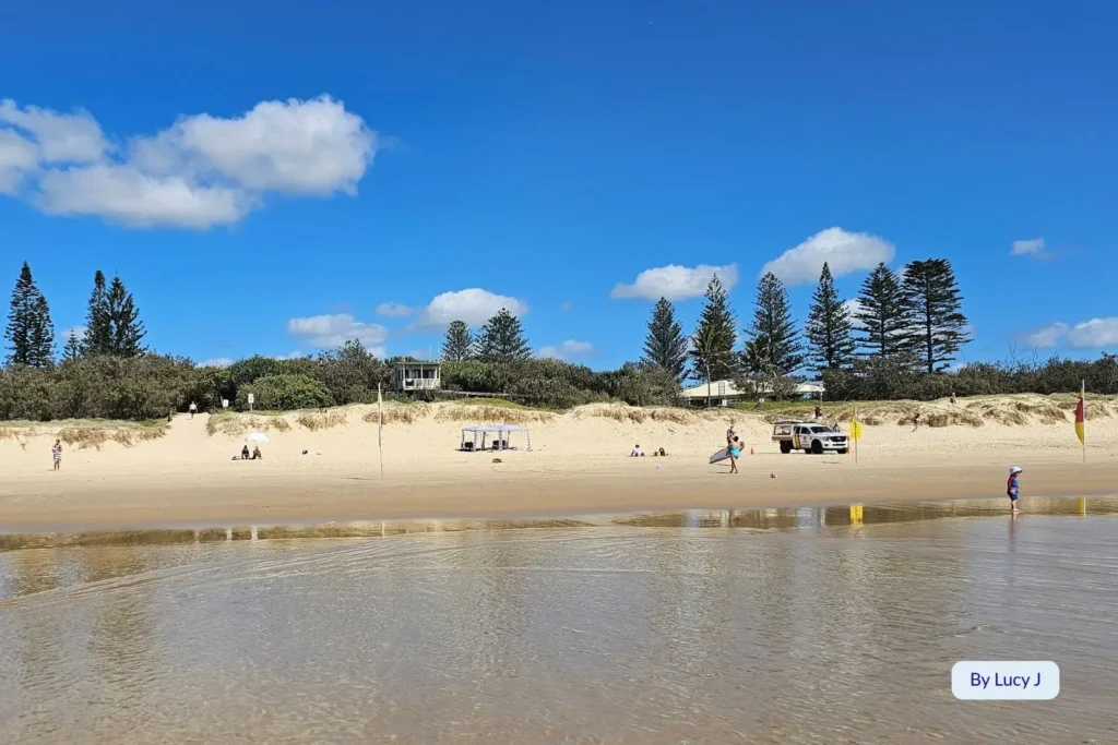 Wide golden shoreline at Peregian Beach, Sunshine Coast, Queensland, with beachgoers relaxing near the surf and pine trees lining the foreshore.