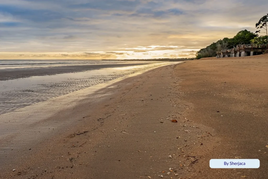Golden sand and gentle waves at Pialba Beach in Hervey Bay during sunset, with soft light reflecting across the tide and trees lining the foreshore