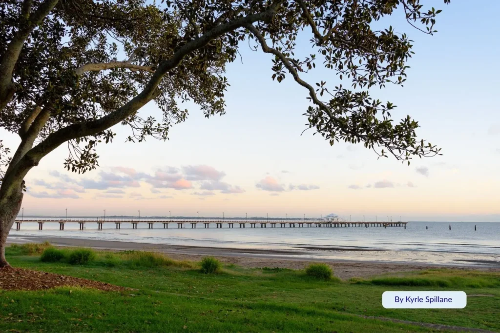 View of Sandgate Pier framed by trees at low tide on the foreshore in Brisbane’s bayside.