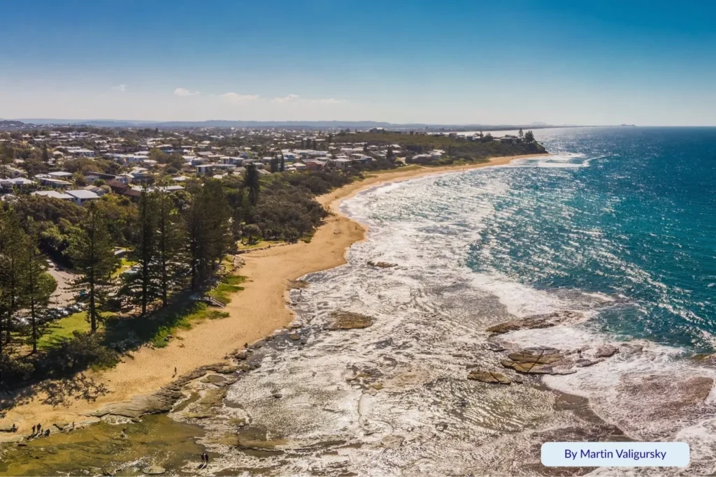 Aerial view of Shelly Beach, Caloundra, Sunshine Coast, Queensland — rocky shoreline, golden sand, and coastal houses backed by tall Norfolk pines along the beachfront.