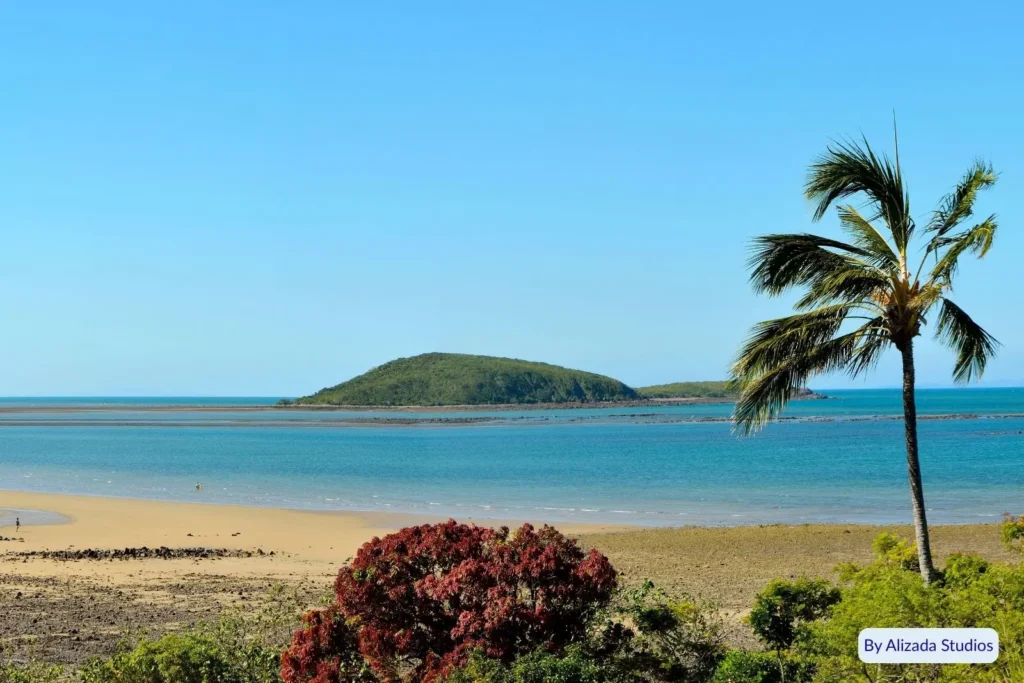 Tropical view of Shoal Point Beach in Mackay, Queensland, with calm turquoise water, palm trees, and lush coastal vegetation
