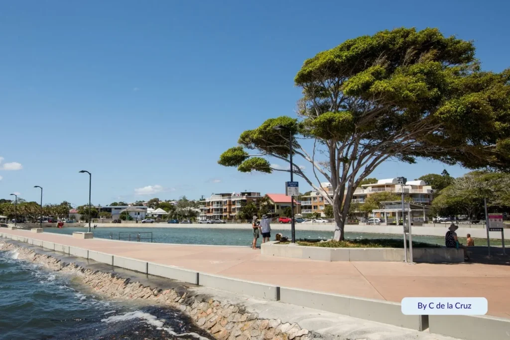 Scenic view of Wynnum Foreshore in Brisbane, Queensland, showing the waterfront promenade, trees, and seaside apartments under a clear blue sky.