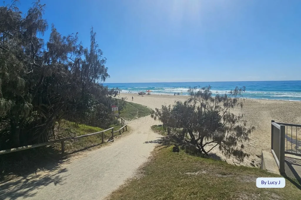 Pathway through coastal trees leading to the soft sandy shoreline and turquoise waves at Sunshine Beach, Sunshine Coast, Queensland, on a sunny day.
