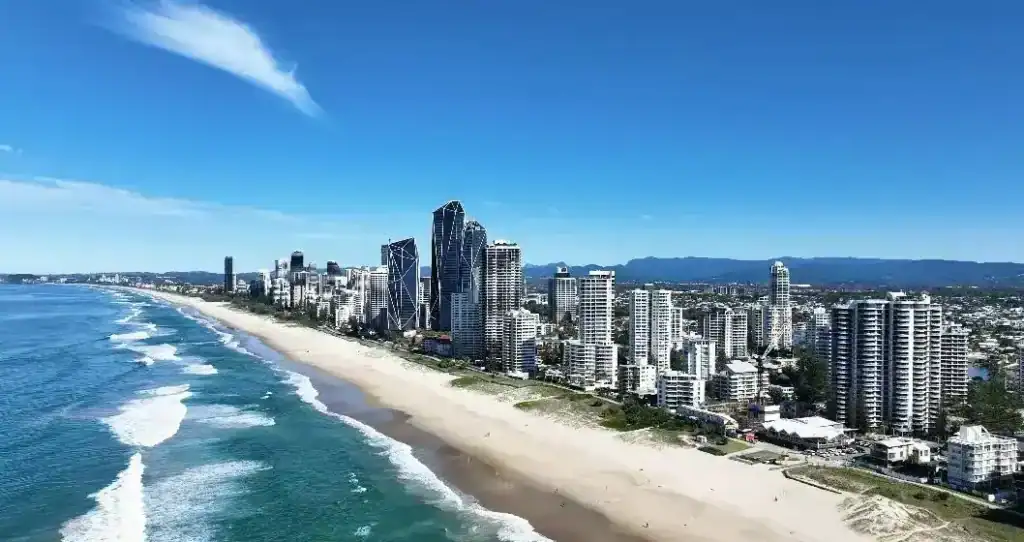 Aerial view of Surfers Paradise beach and skyline on the Gold Coast, Queensland Australia