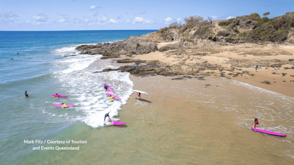 Agnes Water surf lesson with beginners on longboards in Queensland