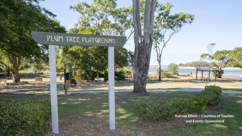 Plum Tree Playground on Boyne Island with the foreshore behind the park - part of the Turtle bikeway in Queensland