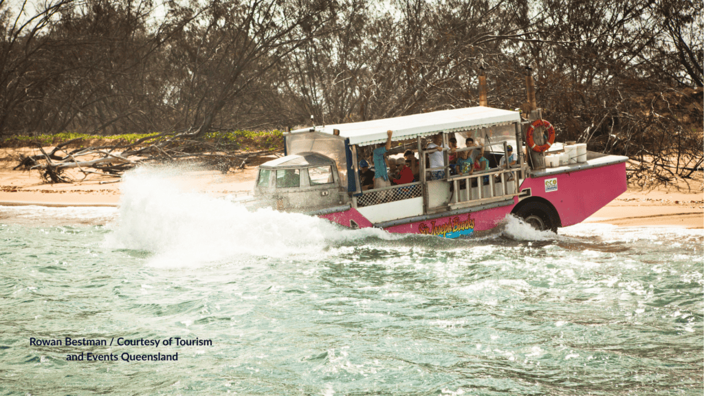 1770 LARC tour vehicle coming through the water at Town of 1770 Queensland