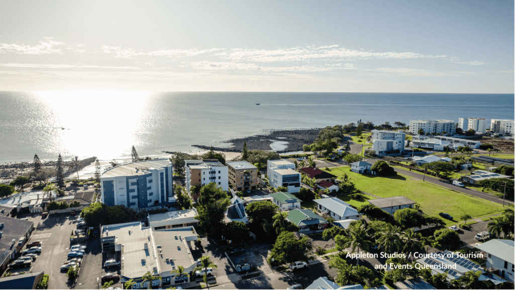 Aerial of Bargara town and beach on the Bundaberg coast Queensland