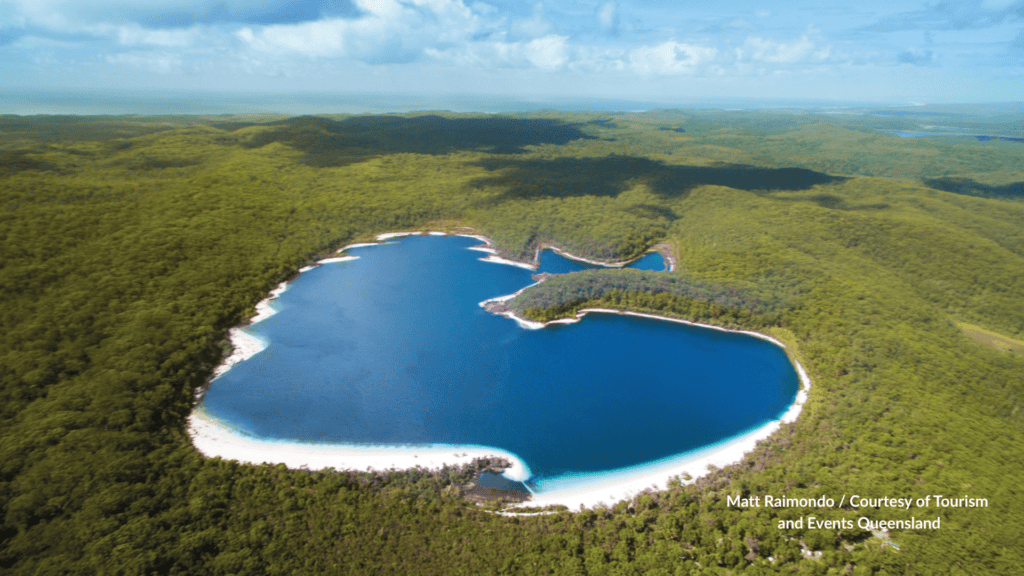 Aerial view of Lake McKenzie Boorangoora on K'gari Queensland