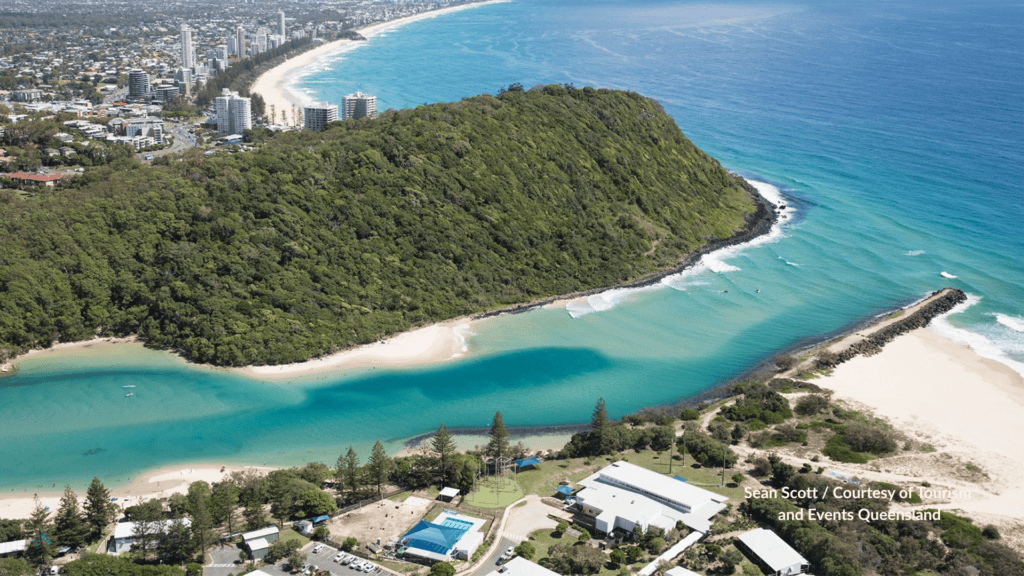 Aerial of Echo Beach Gold Coast in the creek cove under Burleigh Head National Park Queensland